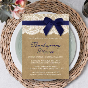 Navy Ribbon on Kraft & Lace Thanksgiving Dinner Kaart