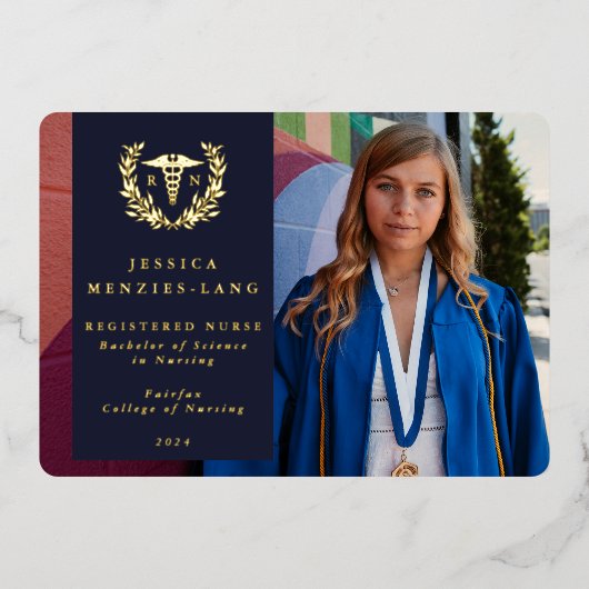 Navy RN Caduceus Afstuderen Fotoaankondiging Folie Uitnodiging (Voorkant)