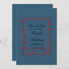 Navy Rode Bloemen Border Bruiloft Save The Date Kaart