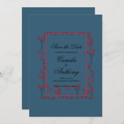 Navy Rode Bloemen Border Bruiloft Save The Date Kaart (Voorkant / Achterkant)
