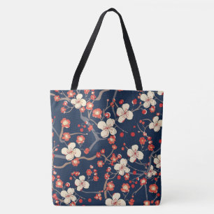 Navy Rode Kersenbloesem Japanse Bloem Tote Bag