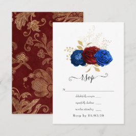 Navy, Rood en Goud Bloem Huwelijk RSVP Kaartje