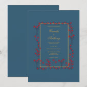 Navy rood goud bloemengrens bruiloft kaart (Voorkant / Achterkant)