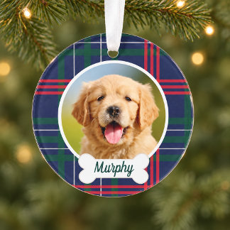 Navy Rood Groen Tartan Plaid Custom Hond Foto Ornament
