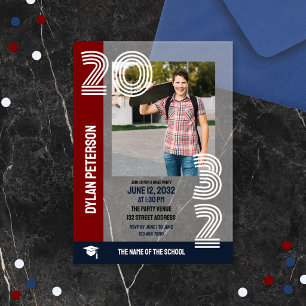 Navy Rood Multiline Lettertype Foto's Afstudeerfee Acryl Uitnodigingen