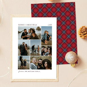 Navy Rood Tartan Kerst Familie 7 Foto Collage Feestdagenkaart
