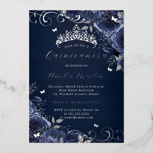 Navy Roos Bloemen Zilveren Swirl Quinceanera Folie Uitnodiging (Voorkant)