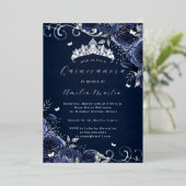 Navy Roos Bloemen Zilveren Swirl Quinceanera Folie Uitnodiging (Staand Voorkant)