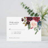 Navy Roos Bourgogne Bloemen bruiloft RSVP Kaartje (Staand voorkant)