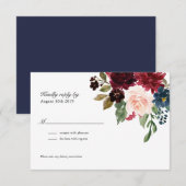 Navy Roos Bourgogne Bloemen bruiloft RSVP Kaartje (Voorkant / Achterkant)