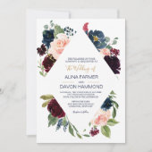 Navy Roos Bourgogne Botanische Lijst Bruiloft Kaart (Voorkant)