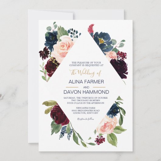 Navy Roos Bourgogne Botanische Lijst Bruiloft Kaart (Voorkant)