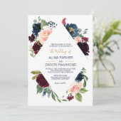 Navy Roos Bourgogne Botanische Lijst Bruiloft Kaart (Staand voorkant)