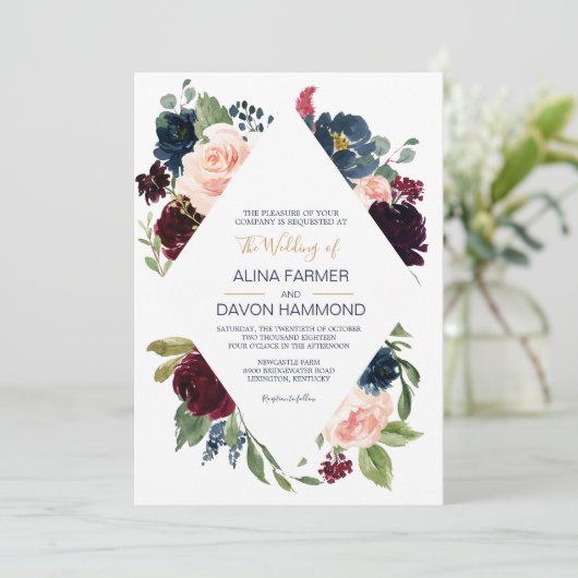 Navy Roos Bourgogne Botanische Lijst Bruiloft Kaart (Staand voorkant)