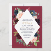 Navy Roos Bourgogne Botanische Lijst II Bruiloft Kaart (Voorkant)