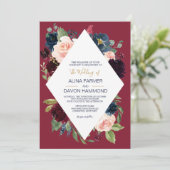 Navy Roos Bourgogne Botanische Lijst II Bruiloft Kaart (Staand voorkant)