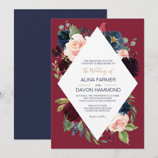 Navy Roos Bourgogne Botanische Lijst II Bruiloft Kaart (Voorkant / Achterkant)