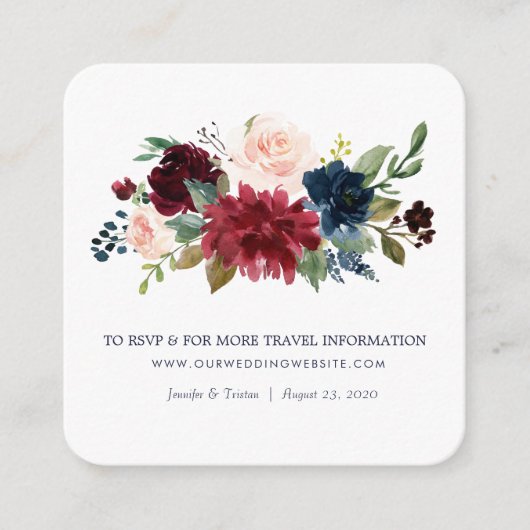Navy Roos Bourgondië Floral bruiloft klein Informatiekaartje (Voorkant)