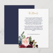 Navy Roos Bourgondië Floral III Bruiloft Informatiekaartje (Voorkant / Achterkant)