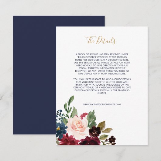 Navy Roos Bourgondië Floral III Bruiloft Informatiekaartje (Voorkant / Achterkant)
