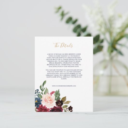 Navy Roos Bourgondië Floral III Bruiloft Informatiekaartje (Staand voorkant)