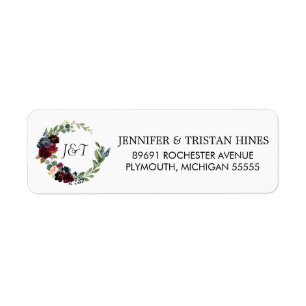 Navy Roos Burgundy Floral Monogram Return Address Etiket