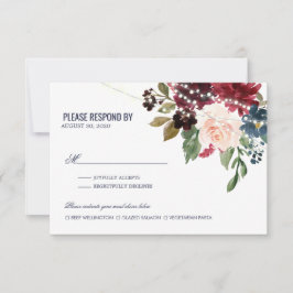 Navy Roos Burgundy Floral String Lights Wedding RSVP Kaartje