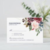 Navy Roos Burgundy Floral String Lights Wedding RSVP Kaartje (Staand voorkant)
