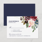 Navy Roos Burgundy Floral String Lights Wedding RSVP Kaartje (Voorkant / Achterkant)
