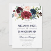 Navy Roos Burgundy Modern Floral Wedding Kaart (Voorkant)