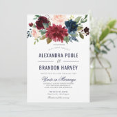 Navy Roos Burgundy Modern Floral Wedding Kaart (Staand voorkant)