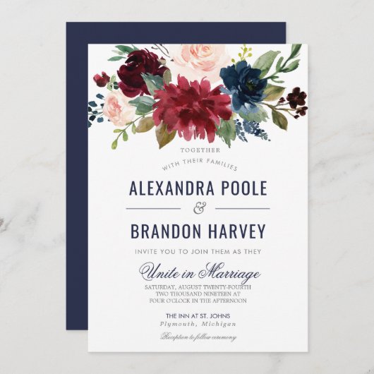 Navy Roos Burgundy Modern Floral Wedding Kaart (Voorkant / Achterkant)