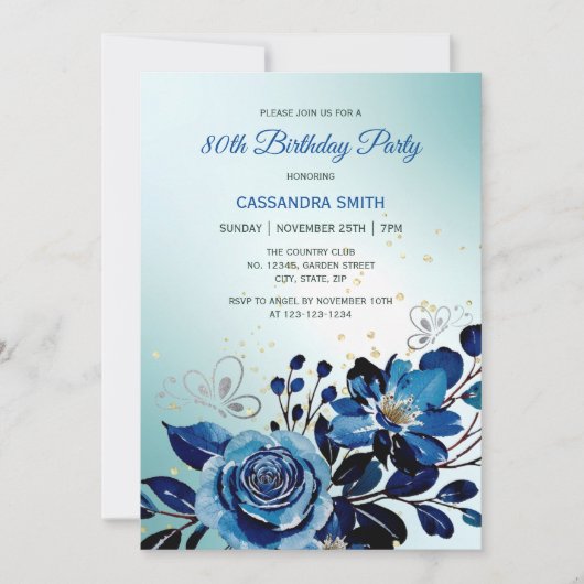 Navy Roos Butterfly Gold Glitter Green Verjaardag Kaart (Voorkant)