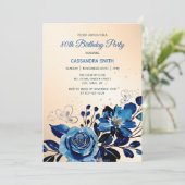 Navy Roos Butterfly Gold Glitter Peach Verjaardag Kaart (Staand voorkant)