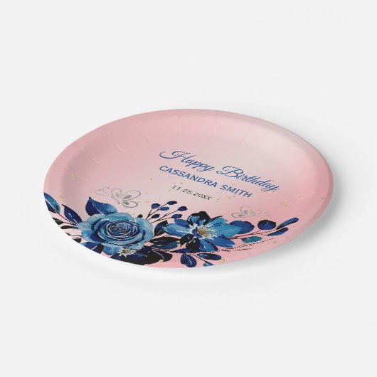 Navy Roos Butterfly Gold Glitter Roze Verjaardag Papieren Bordje (Gekanteld)