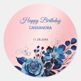 Navy Roos Butterfly Gold Glitter Roze Verjaardag Ronde Sticker