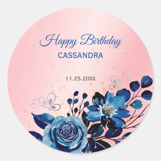 Navy Roos Butterfly Gold Glitter Roze Verjaardag Ronde Sticker (Voorkant)