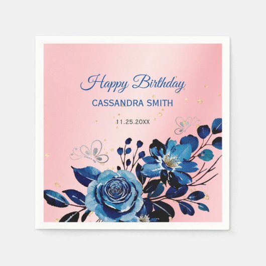 Navy Roos Butterfly Gold Glitter Roze Verjaardag Servet (Voorkant)