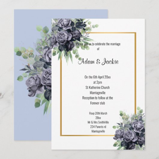 NAVY ROOS EUCALYPTUS TRIM ELEGANT WEDDING KAART (Voorkant / Achterkant)