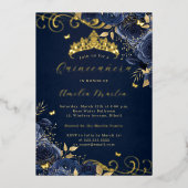 Navy Roos Floral Gold Swirl Quinceanera Folie Uitnodiging (Voorkant)