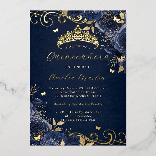 Navy Roos Floral Gold Swirl Quinceanera Folie Uitnodiging (Voorkant)