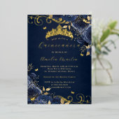 Navy Roos Floral Gold Swirl Quinceanera Folie Uitnodiging (Staand Voorkant)