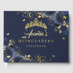 Navy Roos Floral Swirl Quinceanera Gold Gastenboek