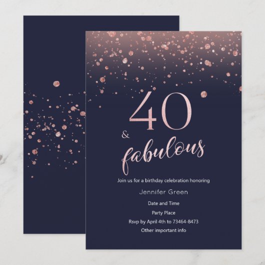 Navy Roos Gold 40th Birthday Invitation Kaart (Voorkant / Achterkant)