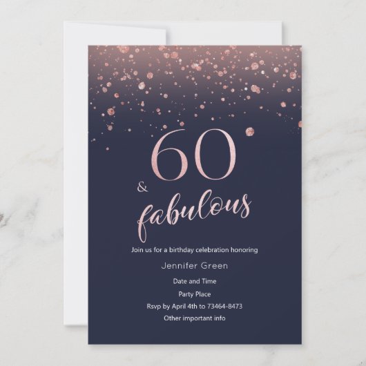 Navy Roos Gold 60th Birthday Invitation Kaart (Voorkant)