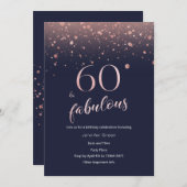 Navy Roos Gold 60th Birthday Invitation Kaart (Voorkant / Achterkant)