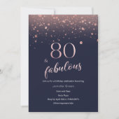 Navy Roos Gold 80th Birthday Invitation Kaart (Voorkant)