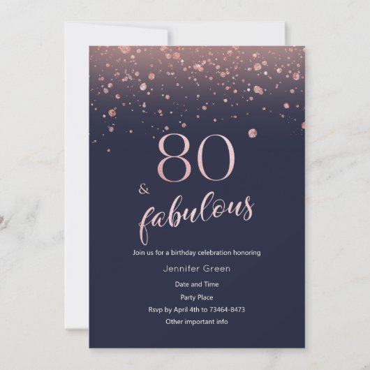 Navy Roos Gold 80th Birthday Invitation Kaart (Voorkant)
