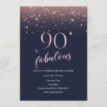 Navy Roos Gold 90th Birthday Invitation Kaart<br><div class="desc">Navy blue en roos gold glitter 90ste verjaardag uitnodiging. 
Neem contact met me op als je producten wilt aanpassen of aanpassen.</div>