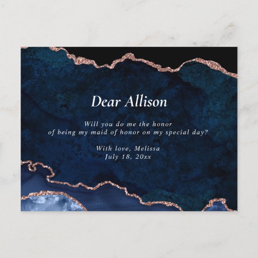 Navy roos Gold Agaat, jij bent mijn bruidsmeisje Uitnodiging Briefkaart (Achterkant)